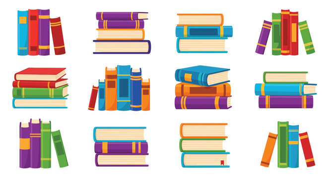 A colorful vector graphic illustration of multiple stacked books in various positions