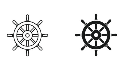 Obraz premium Ship's wheel icons in outline and solid black for navigation and maritime themes