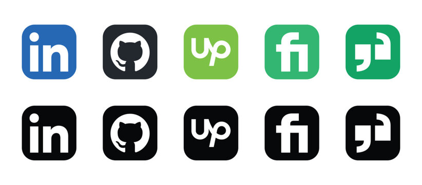 linkedin github upwork fiverr freelance platforms color and black app icons vector set