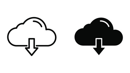 Obraz premium Cloud download icon, symbolizing data transfer or storage, in outline and solid versions, clean vector graphic.