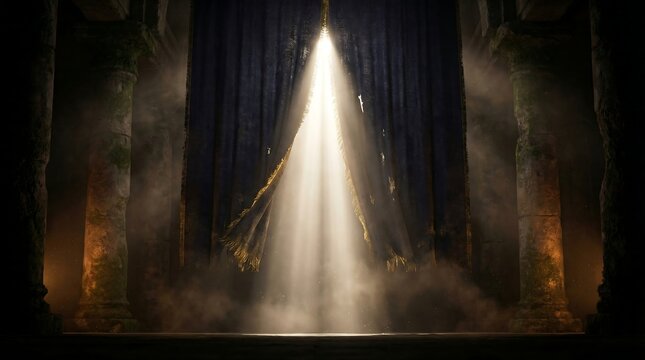 Mysterious golden light piercing through an ancient, draped curtain in a dark chamber.