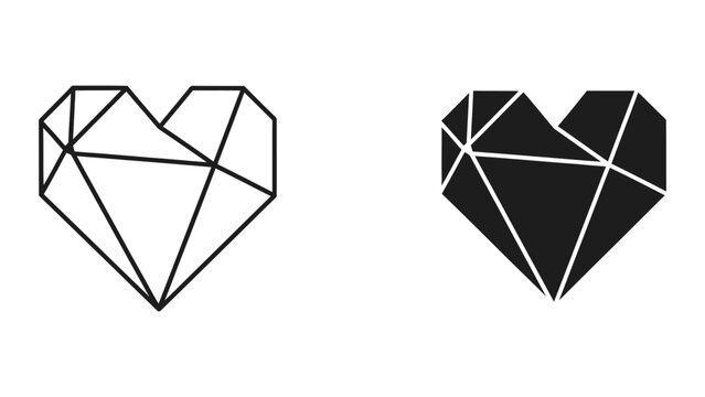 Modern Geometric Heart Icon Set with Faceted Wireframe and Solid Designs