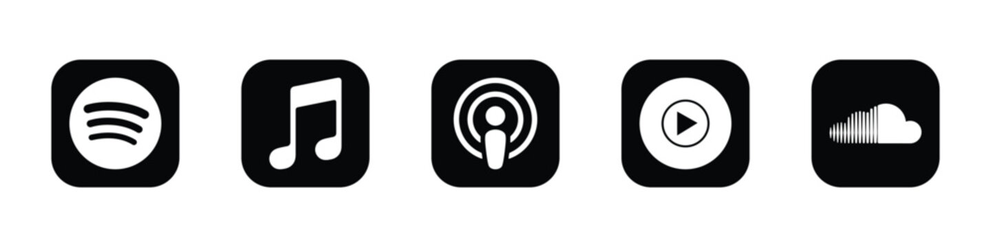 spotify apple music podcast player soundcloud black audio streaming app icon vector set