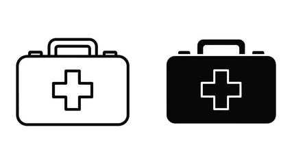 Doctor's medical bag with cross symbol, icon for healthcare, emergency, and professional aid services, in outline and solid black. © Mijan 