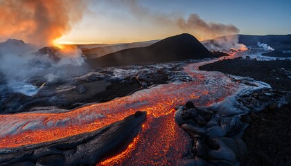 Fototapeta premium Active Volcano Flowing Lava River At Sunrise