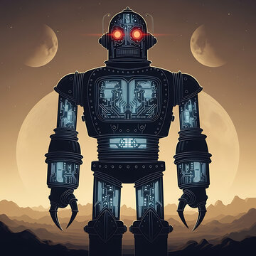 Vintage style giant robot with glowing circuits and red eyes standing against alien mountain landscape under twin moons and yellow sky backdrop art