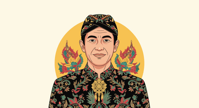 Dignified portrait of a Javanese man wearing traditional Indonesian clothing including a batik blangkon and an ornamental beskap formal jacket.