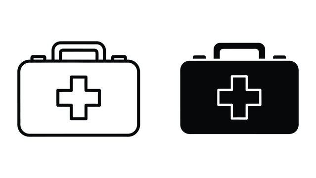 Doctor's medical bag with cross symbol, icon for healthcare, emergency, and professional aid services, in outline and solid black.