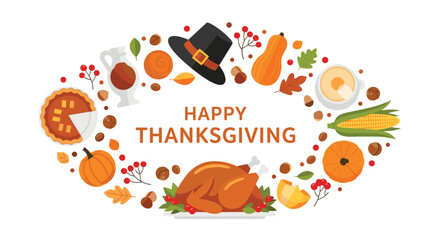 Fototapeta premium Festive Thanksgiving oval frame featuring a roasted turkey, pumpkin pie, pilgrims hat, corn, pumpkins, and autumn leaves on white background.