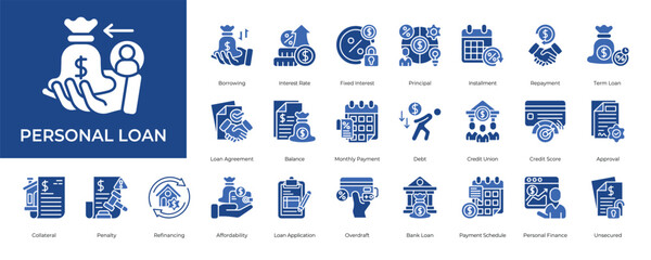 Personal Loan Icon set Collection in Glyph Two Color Style. personal, loan, borrowing, lender, debt, credit