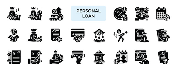 Personal Loan Icon set Collection in Solid Glyph Style. personal, loan, borrowing, lender, debt, credit