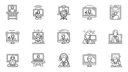 Fototapeta premium Minimalist vector icons of people using digital devices