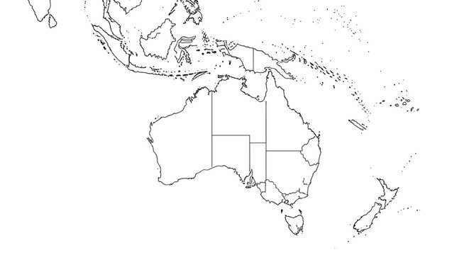 Black and white outline map showing the continent of Australia, New Zealand, and various islands of Southeast Asia for educational school use.