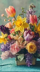Vibrant Spring Flowers Arrangement with Tulips Daffodils and Hyacinths in Ceramic Vase on Blue Fabric Under Soft Natural Lighting