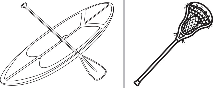 A sports vector set featuring a black outline of a paddleboard with an oar and a detailed lacrosse stick with netting. Ideal for representing water sports and field athletics.