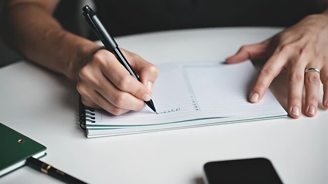 Hands Writing in Notebook with Pen on Table Surface