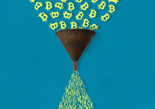 Yellow Bitcoin Symbols Being Ground Down in Funnel