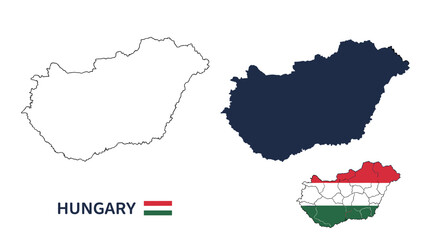 Fototapeta premium Map of Hungary shown in three styles including an outline, a solid silhouette, and a version filled with the national flag colors and provinces.