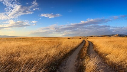 Fototapeta premium The Background Shows Vast Open Fields With Tall Dry Grass With A Craft Road The Sky Is Soft Blue With Diffuse Clouds Bathed In Warm Golden Light The Artistic Style Is Semi Realistic With A Paint