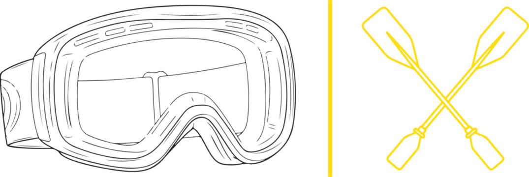 A sports vector collection featuring detailed line art of snow goggles or a diving mask alongside yellow crossed oars. Perfect for representing winter sports, water activities, or rowing gear.