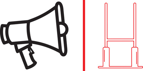 Minimalist sports vector icons featuring a black outline of a handheld megaphone and a red outline of American football goalposts, separated by a vertical red line on a white background. © reza