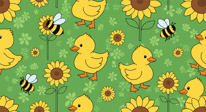 Cute seamless pattern for children featuring yellow ducklings, sunflowers, honey bees, and small flowers on a green background.