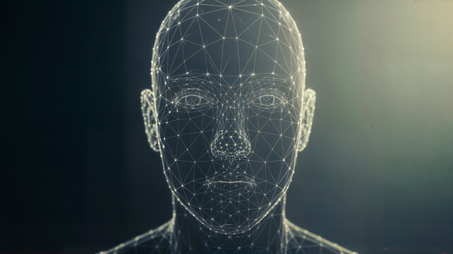 A futuristic digital illustration of a human head made of white lines and dots on a dark background with a glowing light source