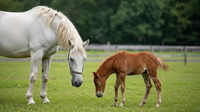White mare and her brown foal peacefully grazing together in a lush green pasture on a sunny day.