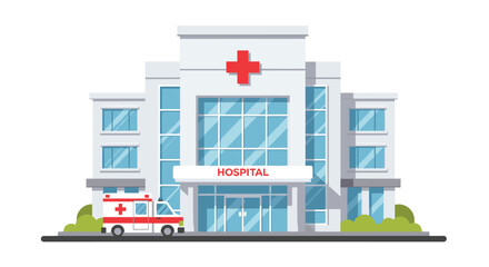 A modern hospital building with a red cross symbol on the facade and an ambulance parked on the street, Generative AI.