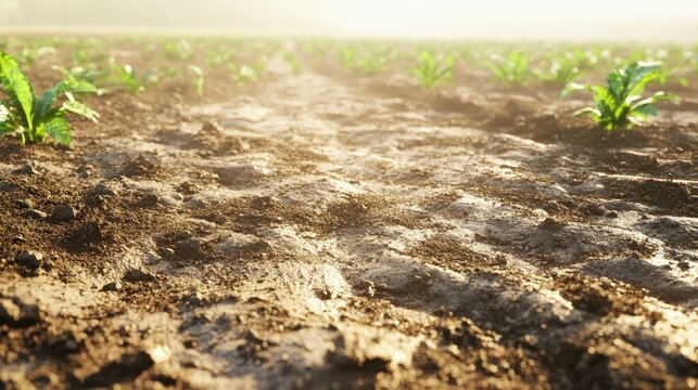 Degraded farm soil with dead vegetation under an overcast sky, representing agricultural environmental concerns and the impact of chemical spills.