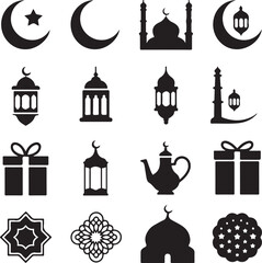 Obraz premium Islamic cultural icons and symbols for Ramadan and Eid celebration featuring mosque moon lantern gift teapot and decorations.