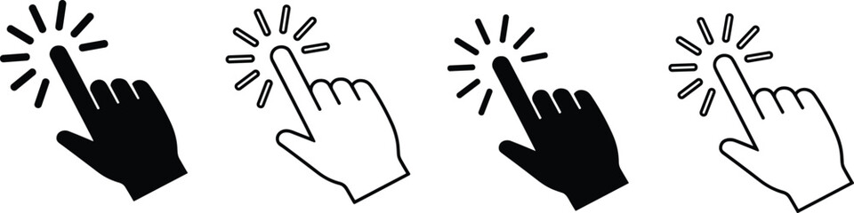 Black and white cursor click hand vector illustration featuring various finger pointing gestures and touch screen interactions for digital interface design.
