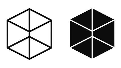 Geometric Hexagon Cube Icon Set: Outline and Solid Black Abstract Shapes