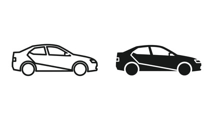 Fototapeta premium Sedan Car Side View Icon Set in Line Art and Silhouette