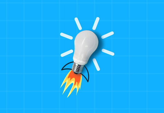 Success idea concept &ndash; a bright light bulb transformed into a rocket, symbolizing startup launch, innovation, and the courage to think differently
