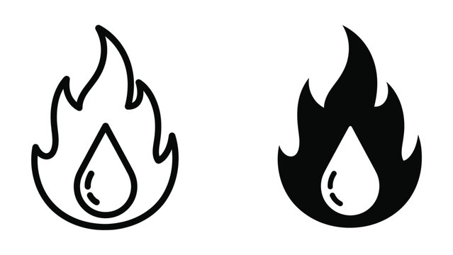 Flame with Water Drop Icon Outline and Solid for Heating and Cooling Systems