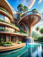Obraz premium Modern ecological building with flowing waterfalls surrounded by vibrant greenery and reflective turquoise water
