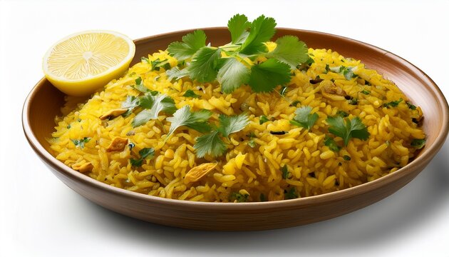 Kanda Poha Maharashtrian Style Served Hot With Lemon Slice And Coriander Garnish Hyper Realistic Isolated