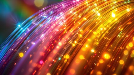 Obraz premium Macro cable glow reveals fiber optic strands bending through space creating vivid rainbow spectrums with prismatic color separation
