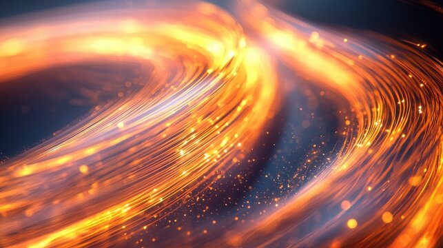 Curved cable glow abstract fiber optic light trails forming spiral waves with golden luminous energy in dynamic flow