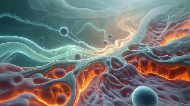 Epic cinematic hyper-realistic visualization of INTERLEUKIN signals orchestrating a complex biological defense within microscopic cellular landscapes