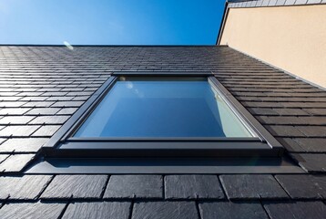 Low angle view of modern roof window integrated into dark slate shingle roof