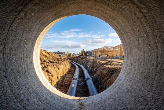 View from inside a large concrete pipe looking out at a construction trench with pipelines