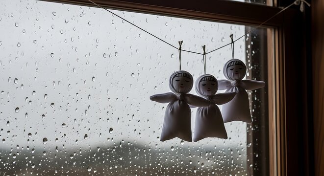 Three teru teru bozu dolls hanging by window on rainy day hope for sunny weather