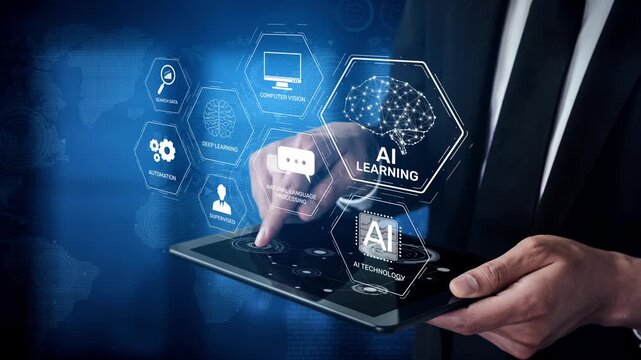 AI learning system involves deep learning, supervised machine learning, and natural language processing. AI learning diagram shows how AI advances learn in automation and data processing. Muxer