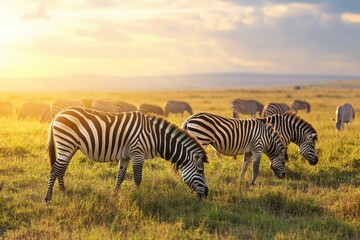 Zebra Herd Grazing in Golden Savanna Sunlight