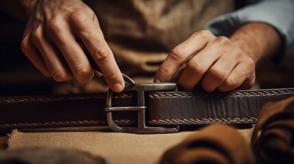 Craftsmanship in leatherwork with a focus on a handmade belt and metal buckles