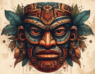 Naklejka premium Ornate tribal mask with vibrant colors, adorned with feathers and details