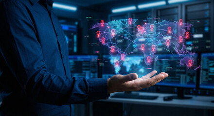 Fototapeta premium Businessman presenting global network connections in a futuristic office environment with neon lights