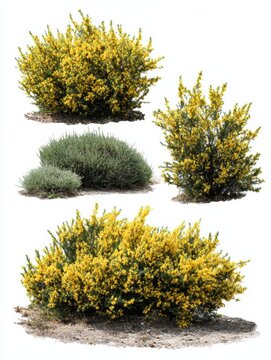 Genista Scorpius Shrubs Isolated on White Background Showing Natural Growth Patterns and Vibrant Yellow Flowers for Gardening and Design Ideas